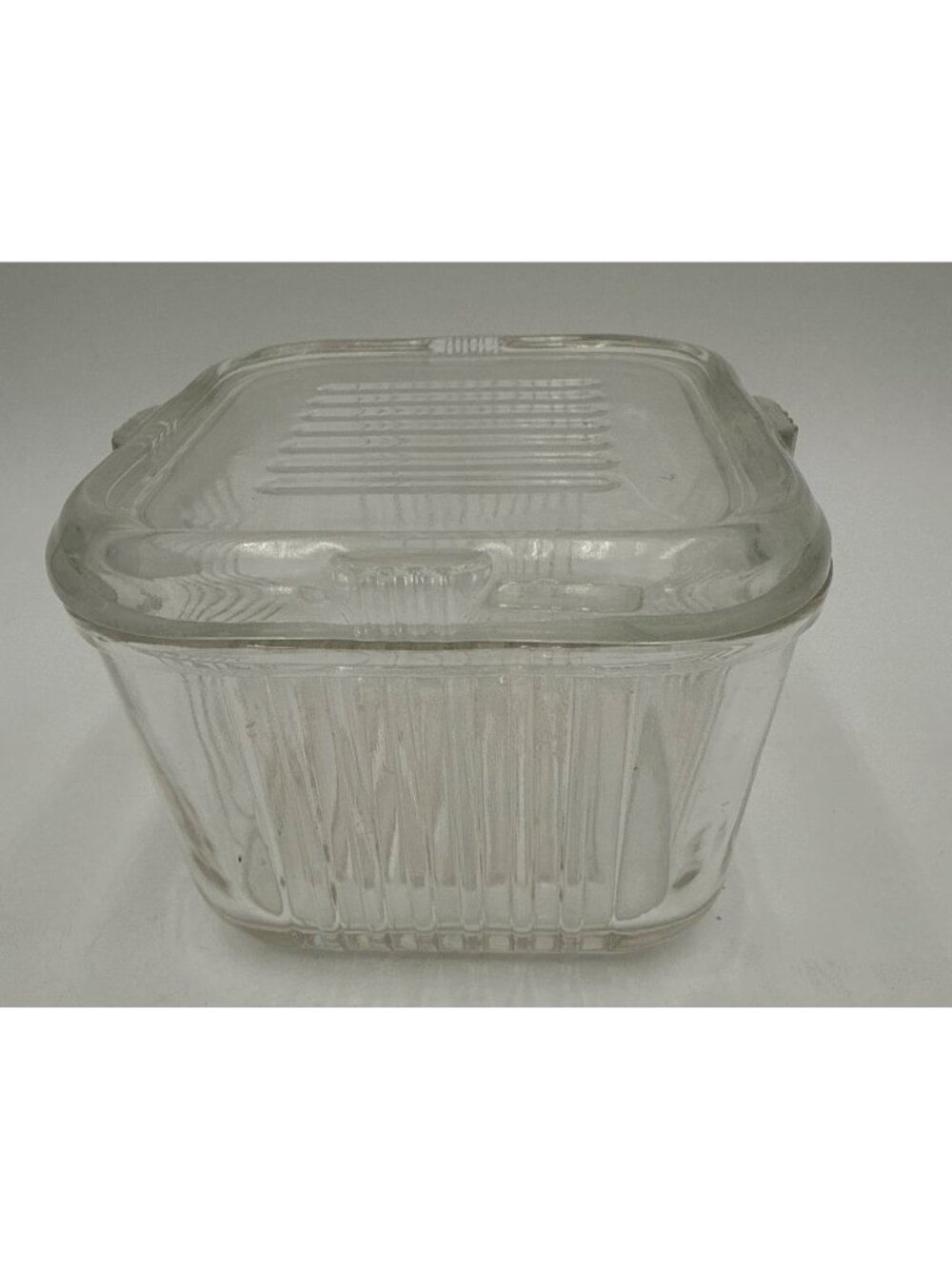Vintage Clear Glass Refrigerator Ribbed Design Dish With Lid No Chips/Cracks